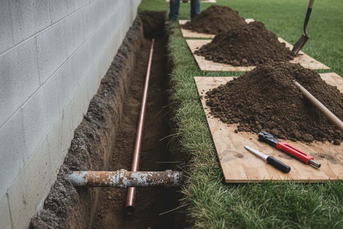 Excavated water line trench during Water Softener Installation in Evans